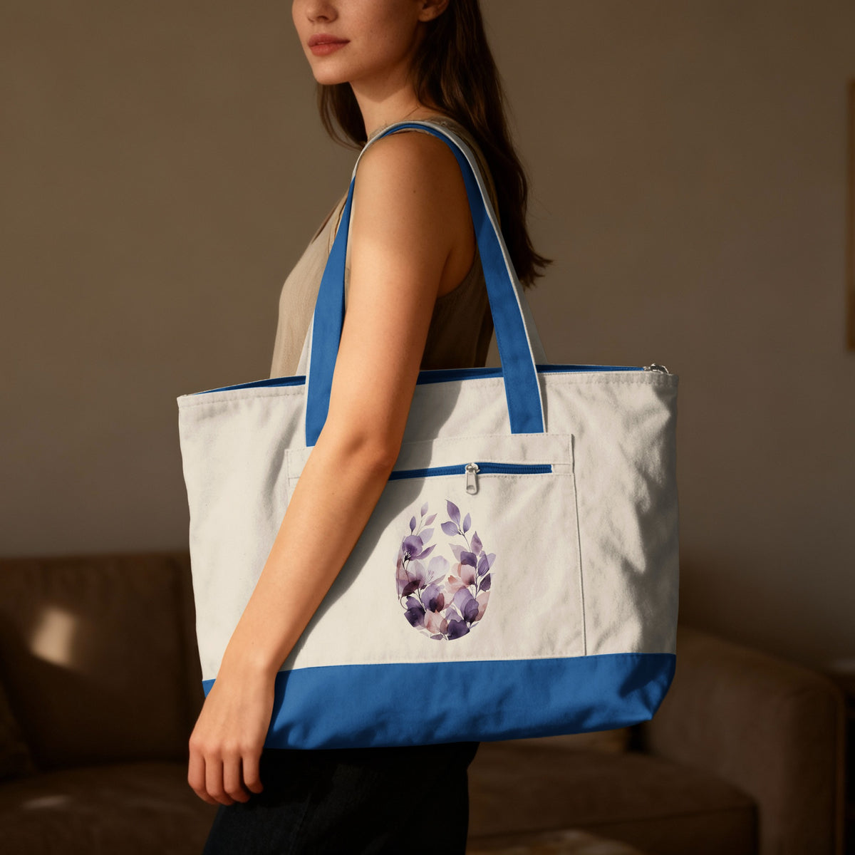 Blue White Purple Watercolor Leaves Oval Zippered Tote product type