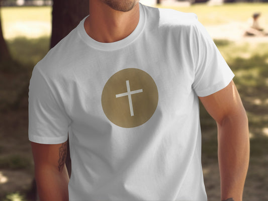 White Cross Gold Circle Design Mens T-Shirt product type