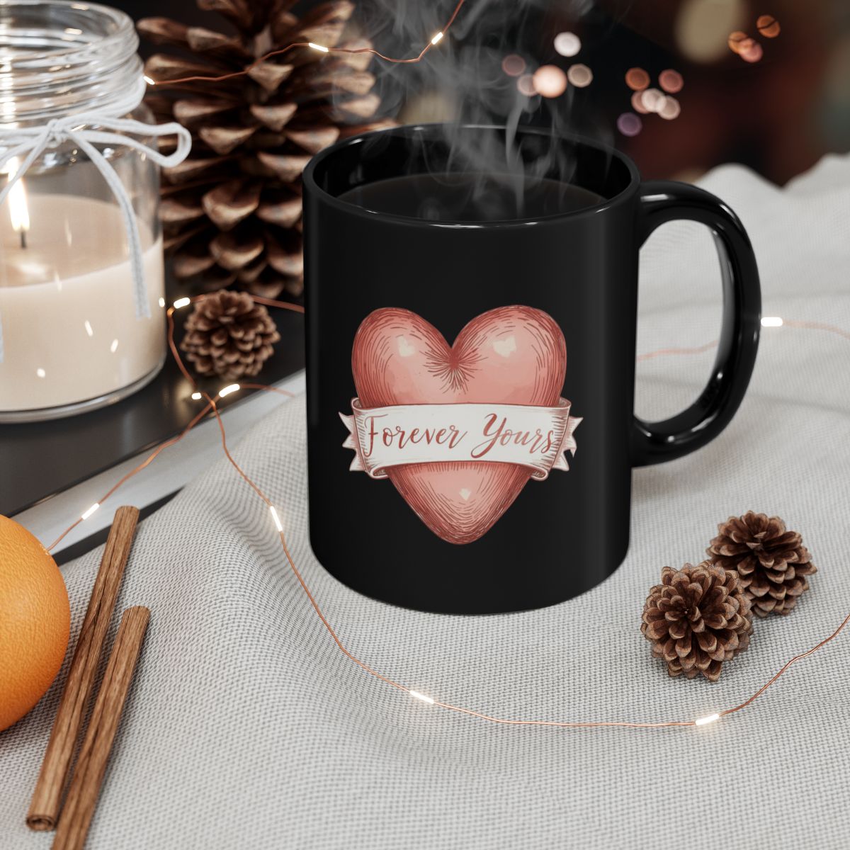 Forever Yours Heart Design Black Coffee Mug