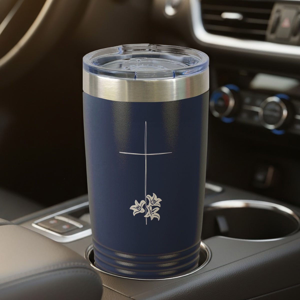 Navy Blue Cross Lily Design Travel Tumbler product type