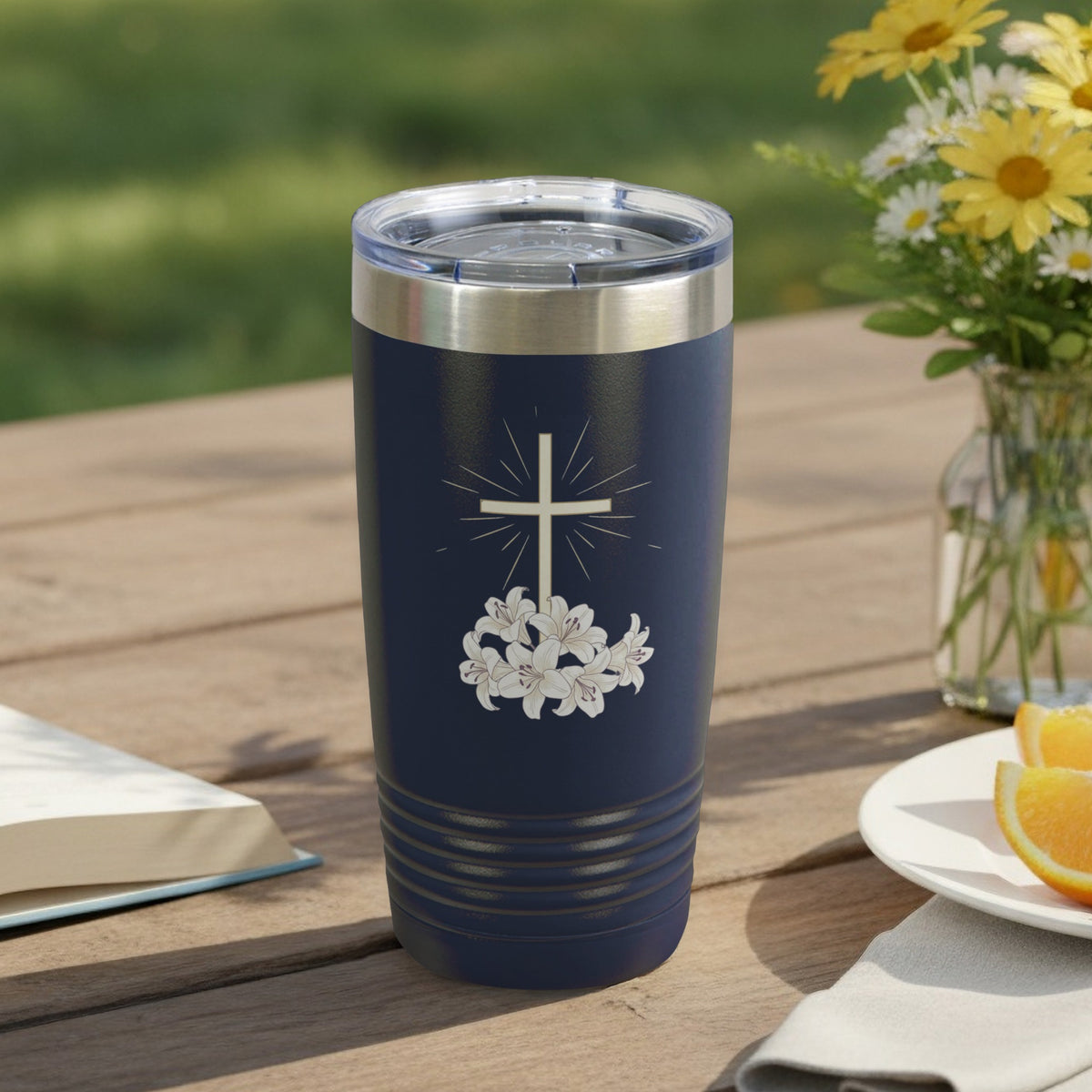 Navy Tumbler Cross Lily Design Religious product type