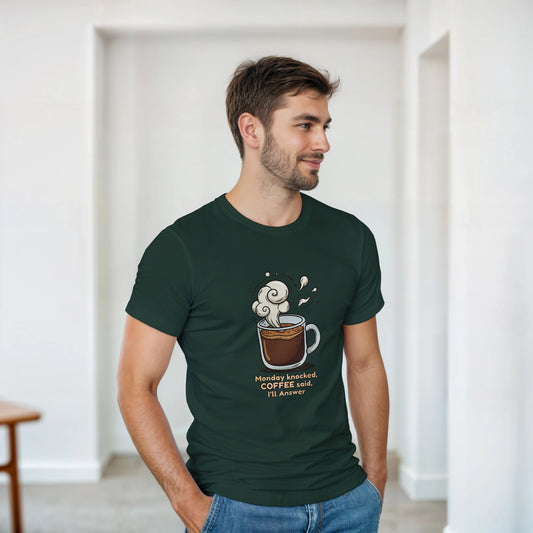 Monday Knocked, Coffee Answered on a Heavyweight Caffeine Lover T on a Shirt