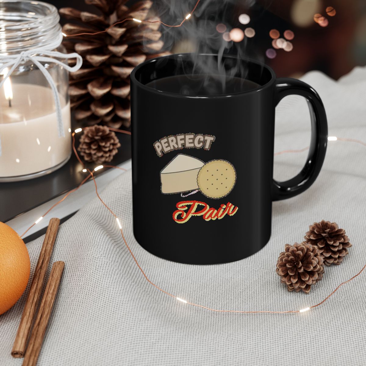 Cheese and Crackers image with Perfect Pair text phrase on an 11/15oz Black Mug
