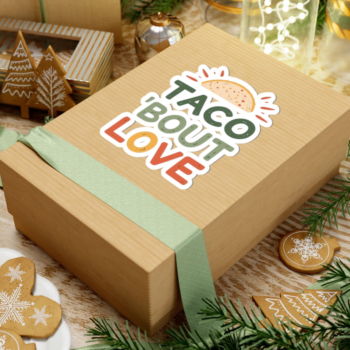 Taco 'Bout Love phrase with a Modern & Minimalist design on Kiss-Cut Stickers