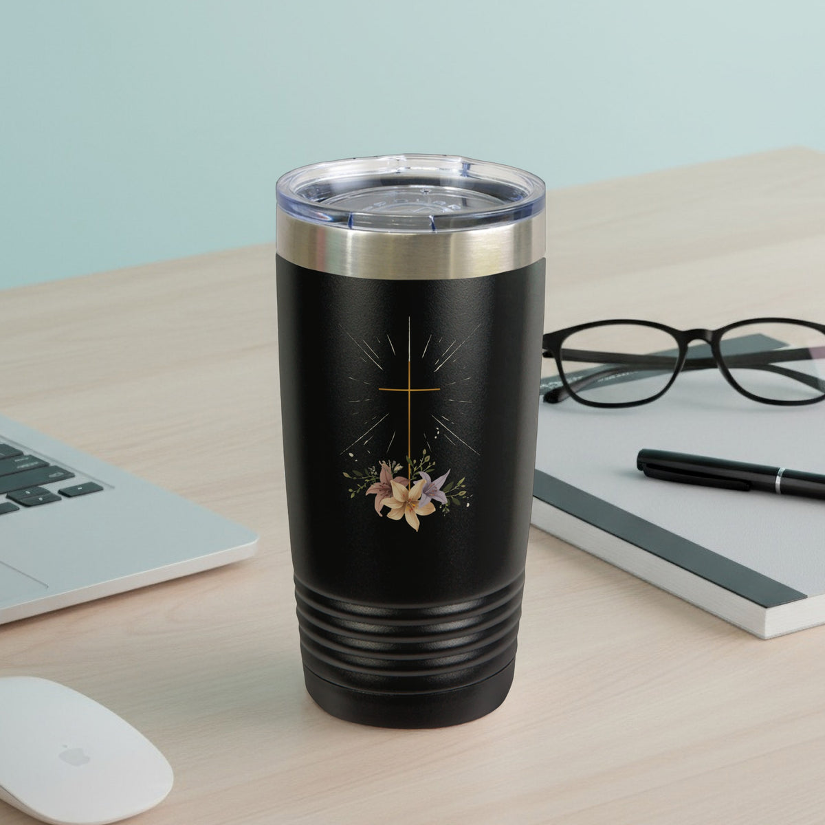 Black religious cross floral design insulated tumbler product type