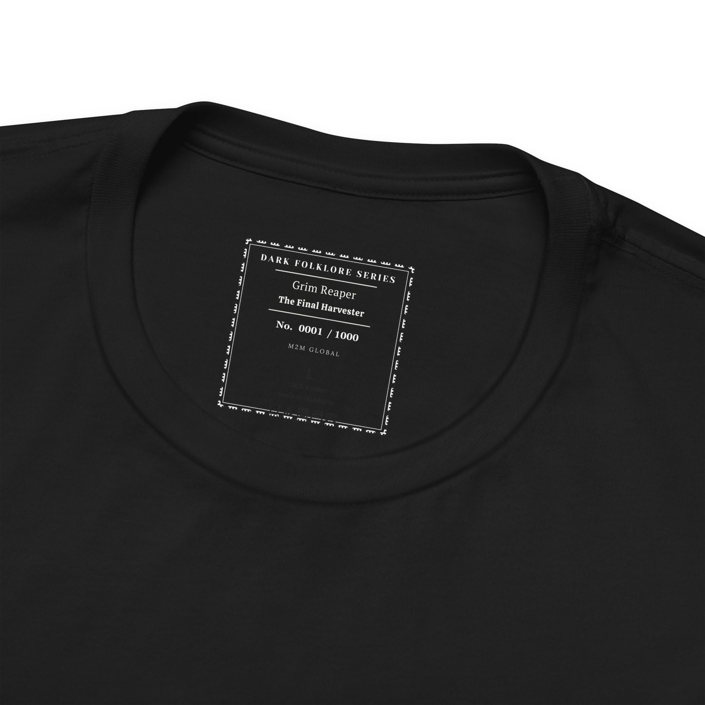 Black t-shirt with "Grim Reaper The Final Harvester" print.