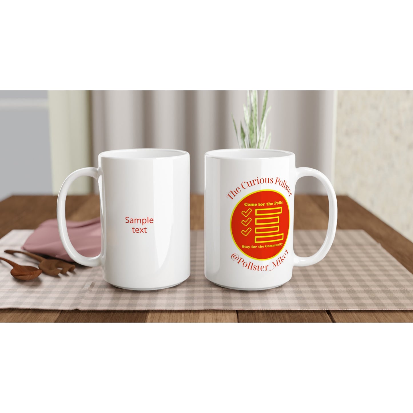 Curious Pollster logo on a 15oz ceramic mug