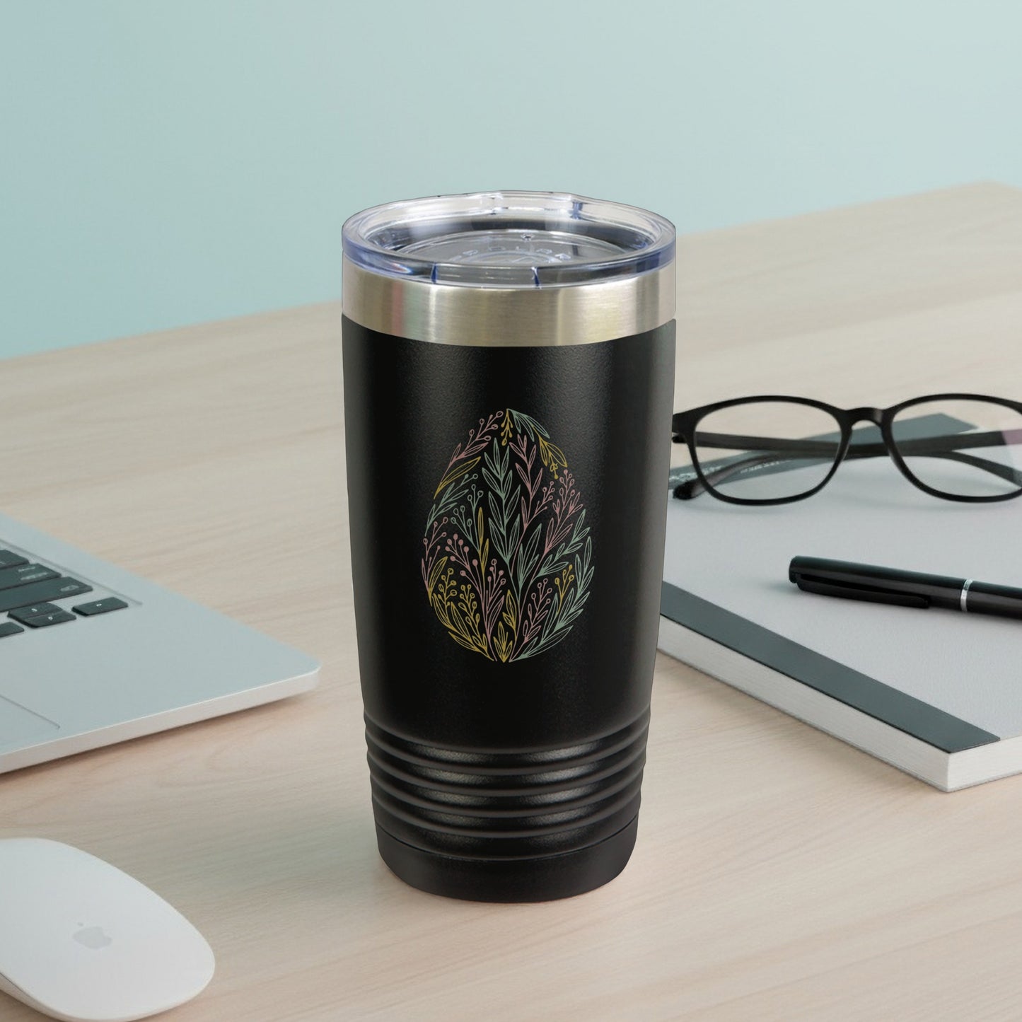 Stylish Black Tumbler with Elegant Leaf Pattern Design