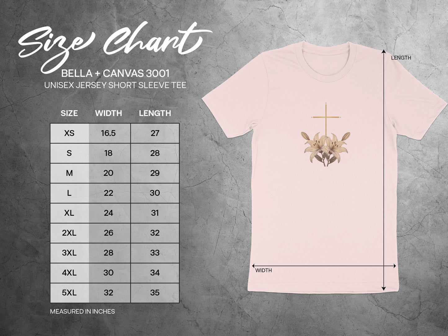 Light Pink Cross Lily Bella Canvas 3001 Tee product type
T-Shirt
Tee
Unisex
Short Sleeve
Bella Canvas
Canvas 3001
Graphic Tee
Cross
Lily
Floral
Christian
Religious
Faith
Easter
Spiritual
Light Pink
Pastel
Women's T-Shirt
Men's T-Shirt
Apparel