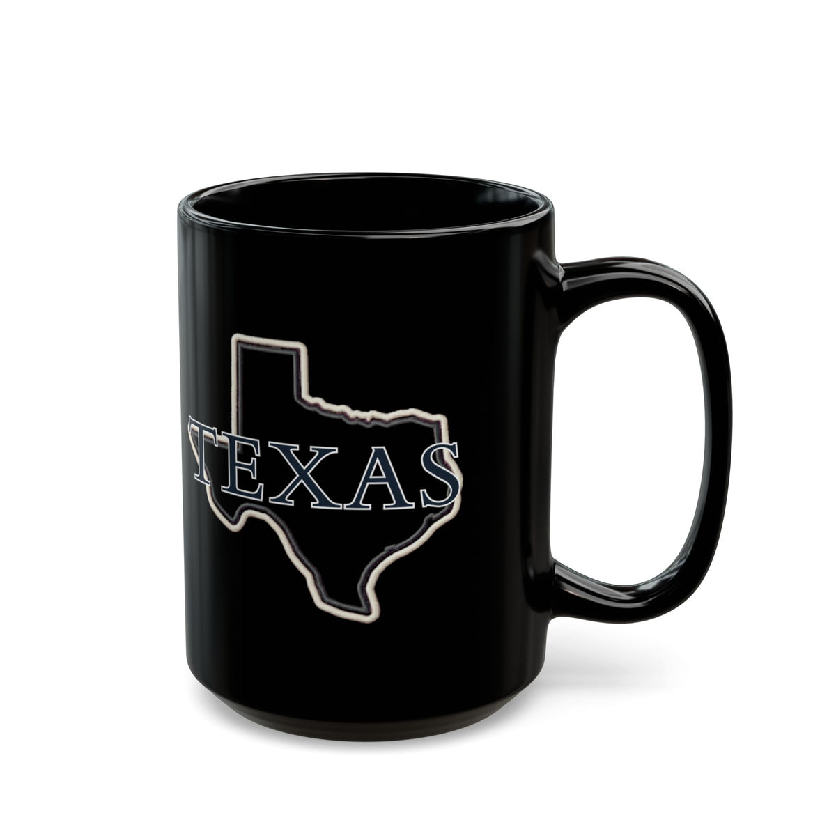 Black mug with "TEXAS" text overlaid on a Texas state outline.
