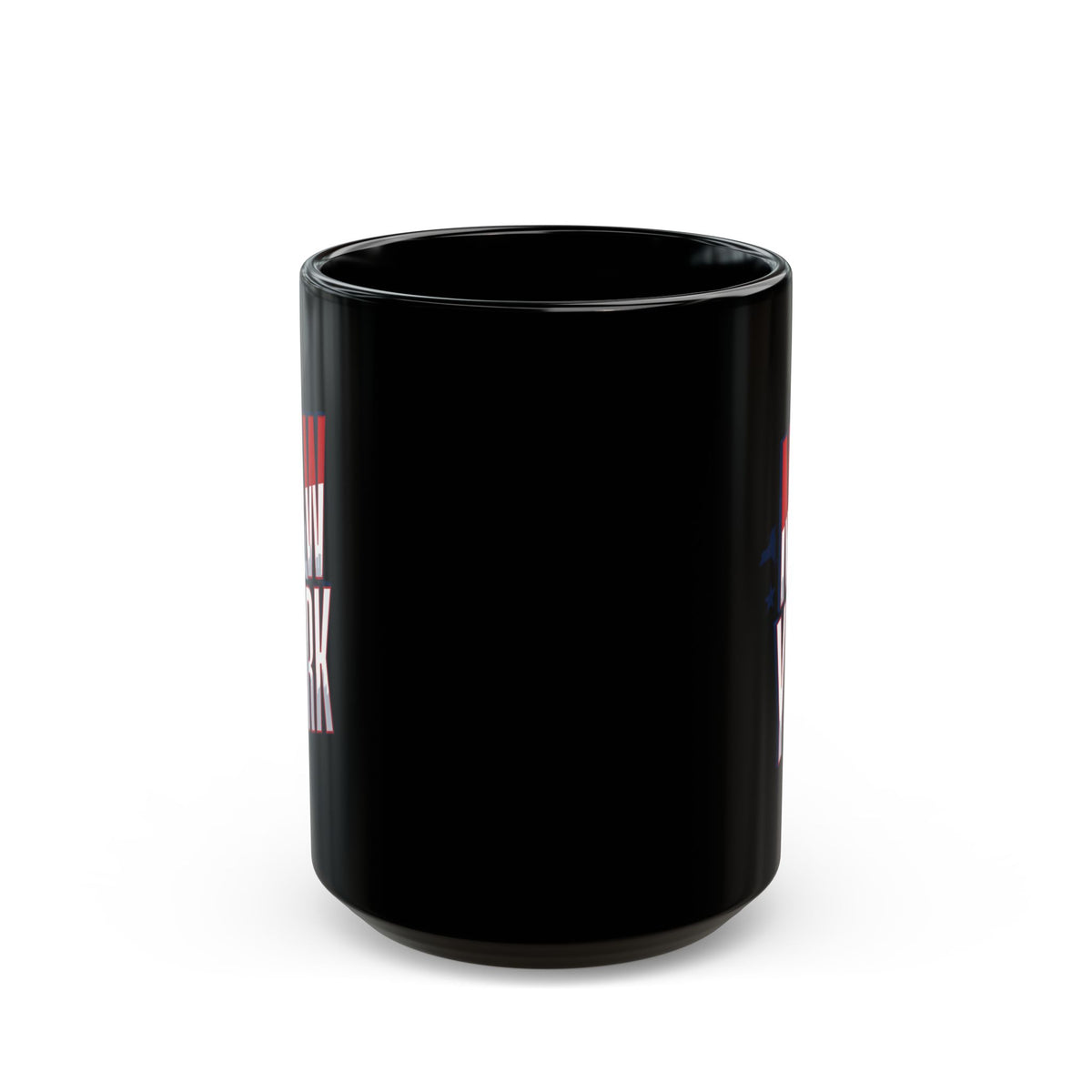 Black mug with "NEW YORK" text in red and white.