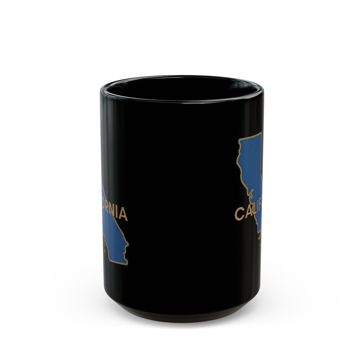 Black mug with California outline and text.