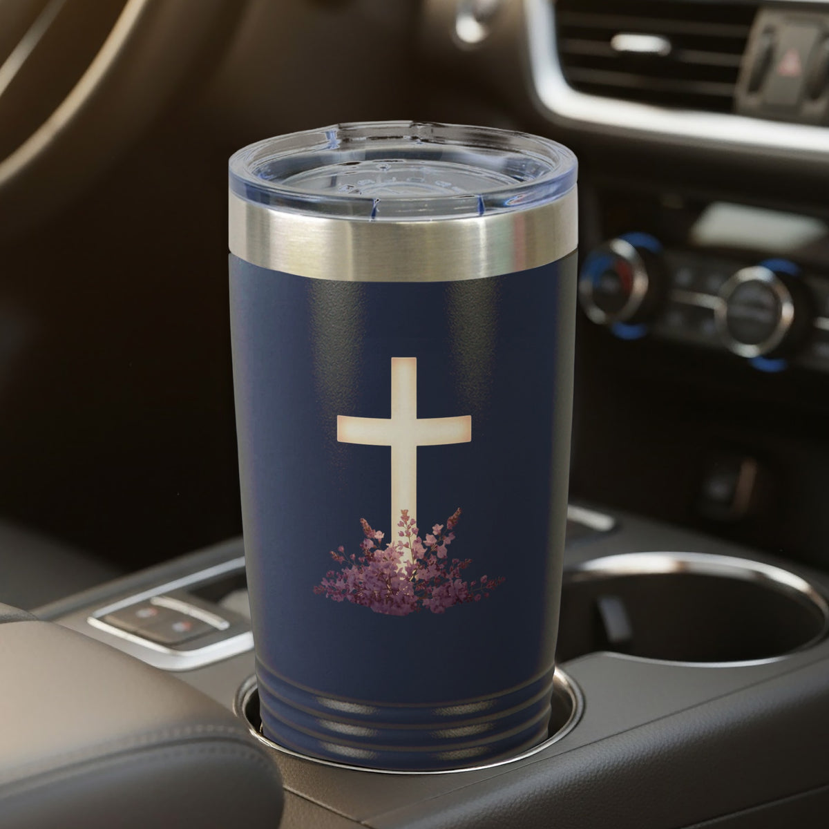Navy Glowing Cross Floral Insulated Travel Tumbler product type
