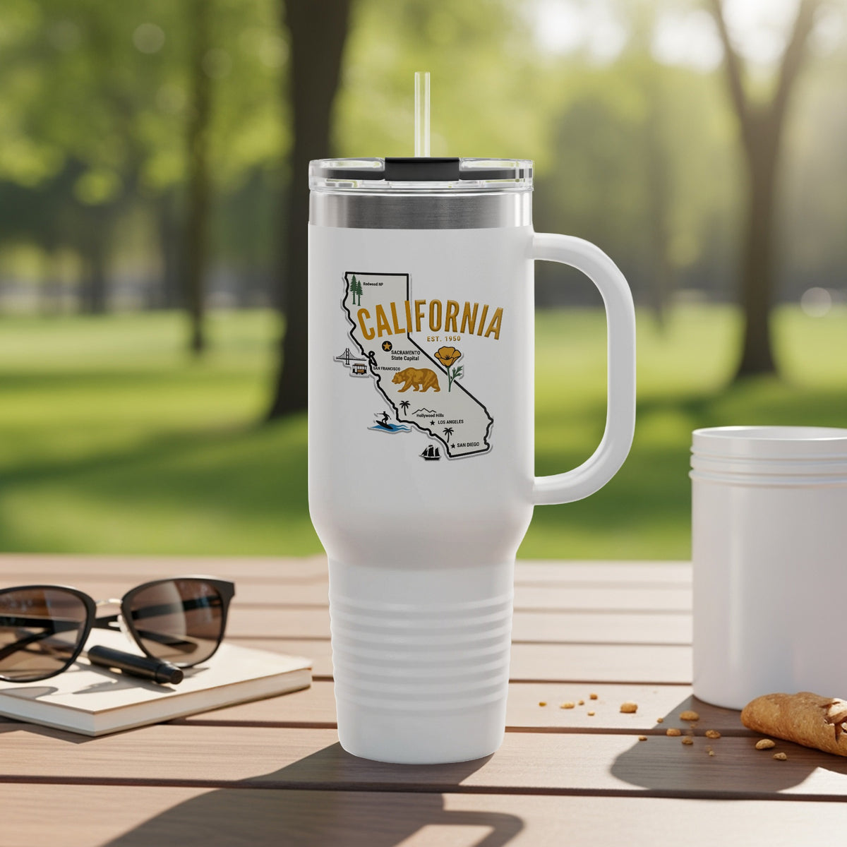 Travel tumbler with California map and cities illustration.