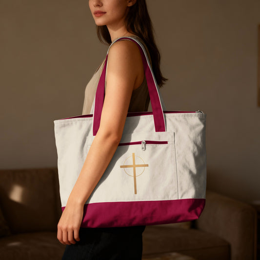 Cream Burgundy Golden Cross Zipper Tote Bag product type
