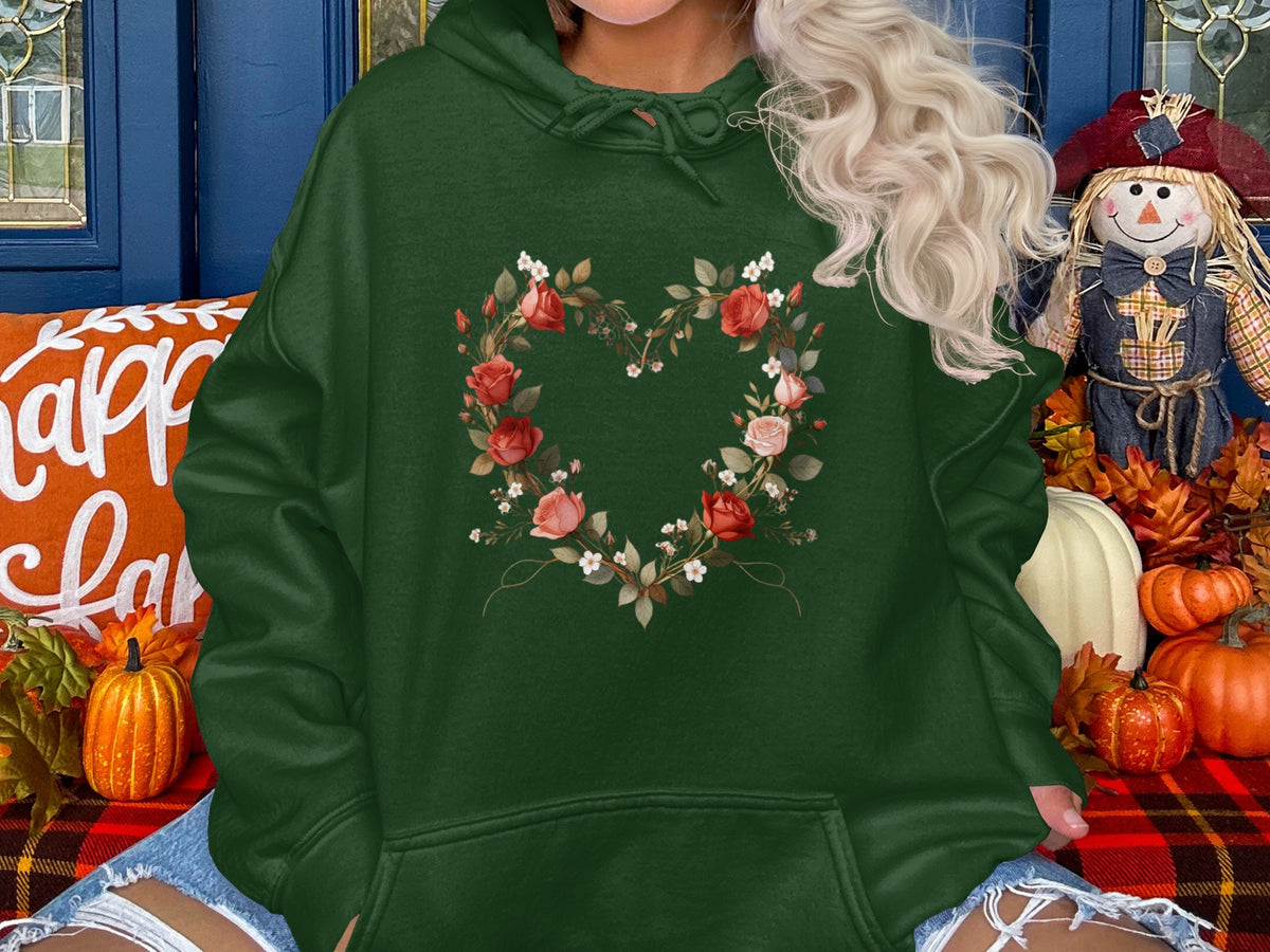 Floral Heart Design Green Hoodie Perfect for Fall