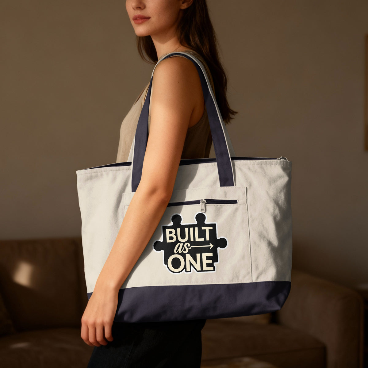 Built as One Puzzle Themed Tote Bag with Zipper Closure