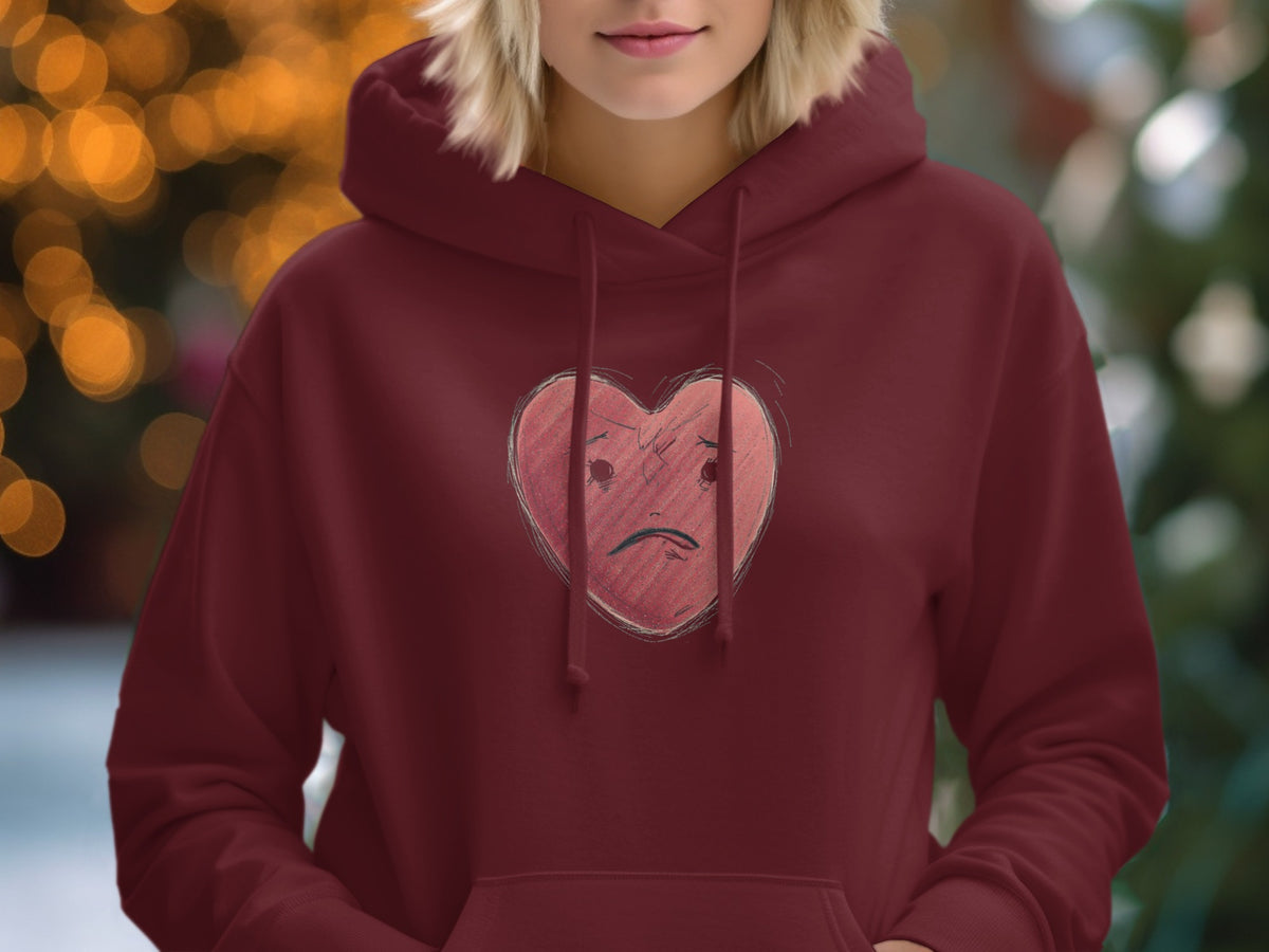 Sad Heart Design Burgundy Hoodie perfect for cold days