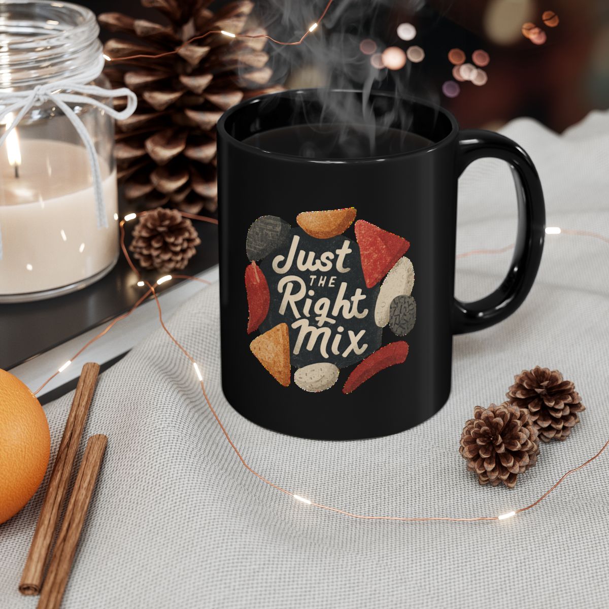 Chips and Salsa Dip with Just the Right Mix text phrase on an 11/15oz Black Mug