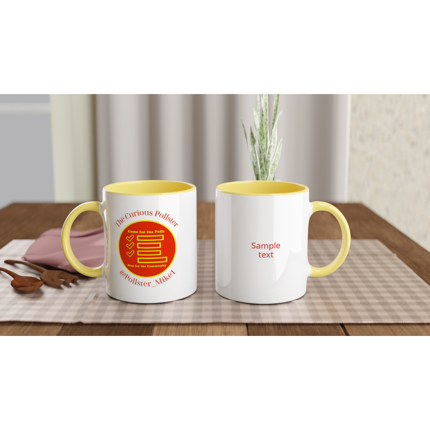 Curious Pollster logo on an 11oz ceramic mug