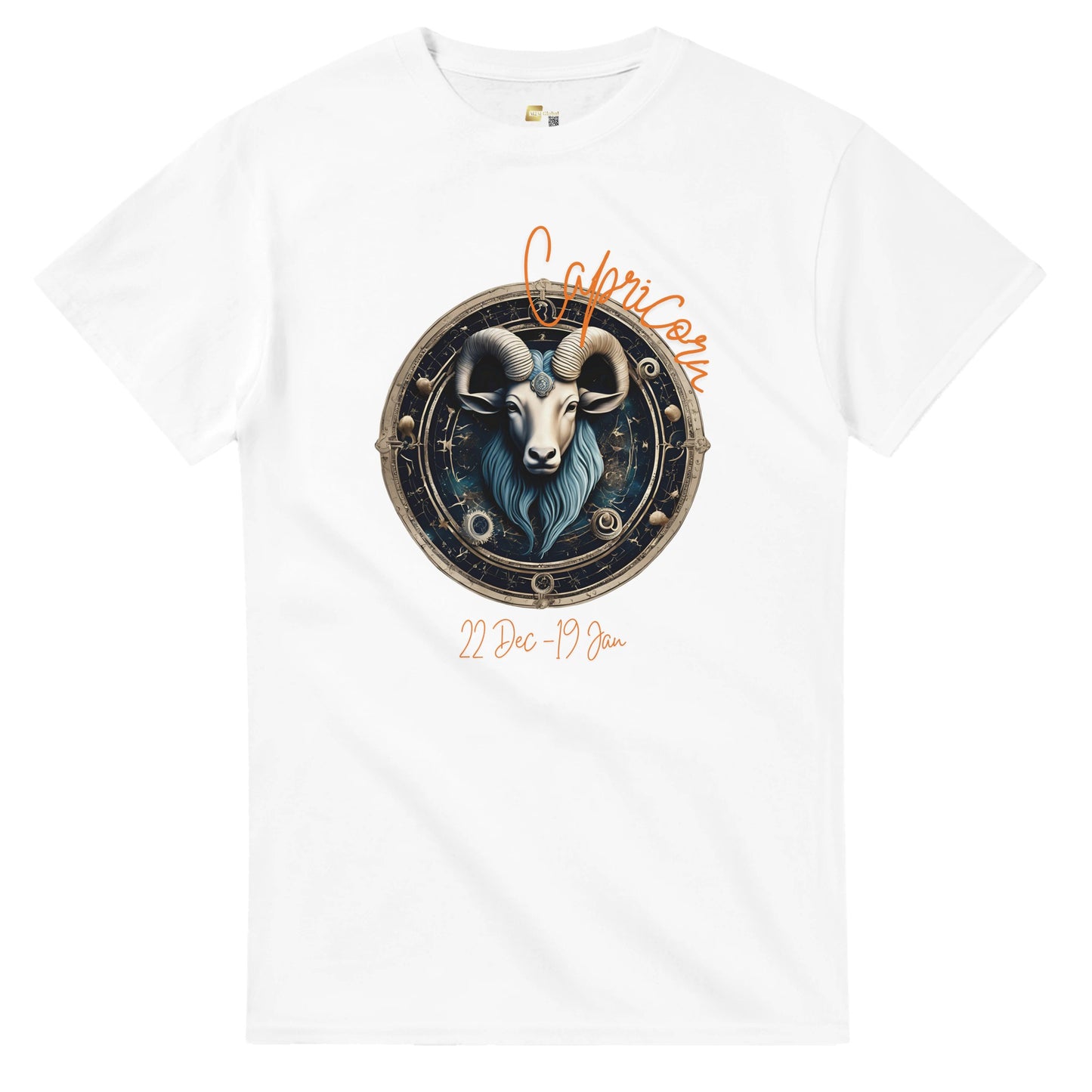 White t-shirt with Capricorn zodiac design on a white background