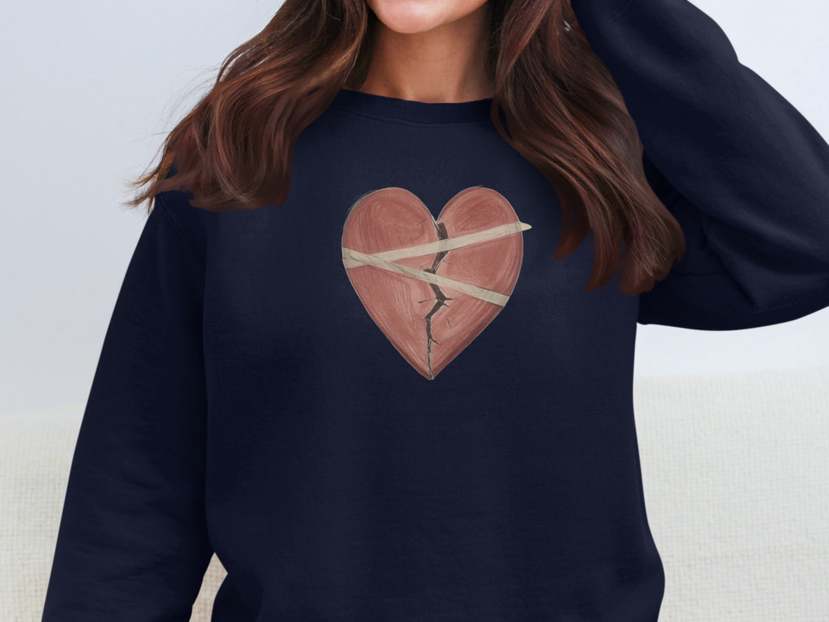 Broken Heart Taped Design on Navy Blue Sweater