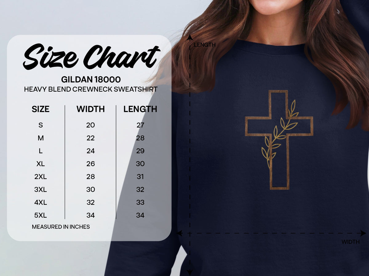 Gildan 18000 sweatshirt size chart with width and length measurements for each size.