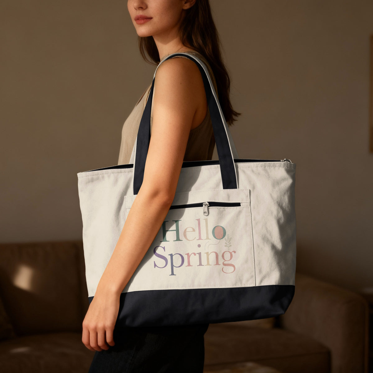 Cream Navy Hello Spring Tote Bag Front Zipper Pocket product type