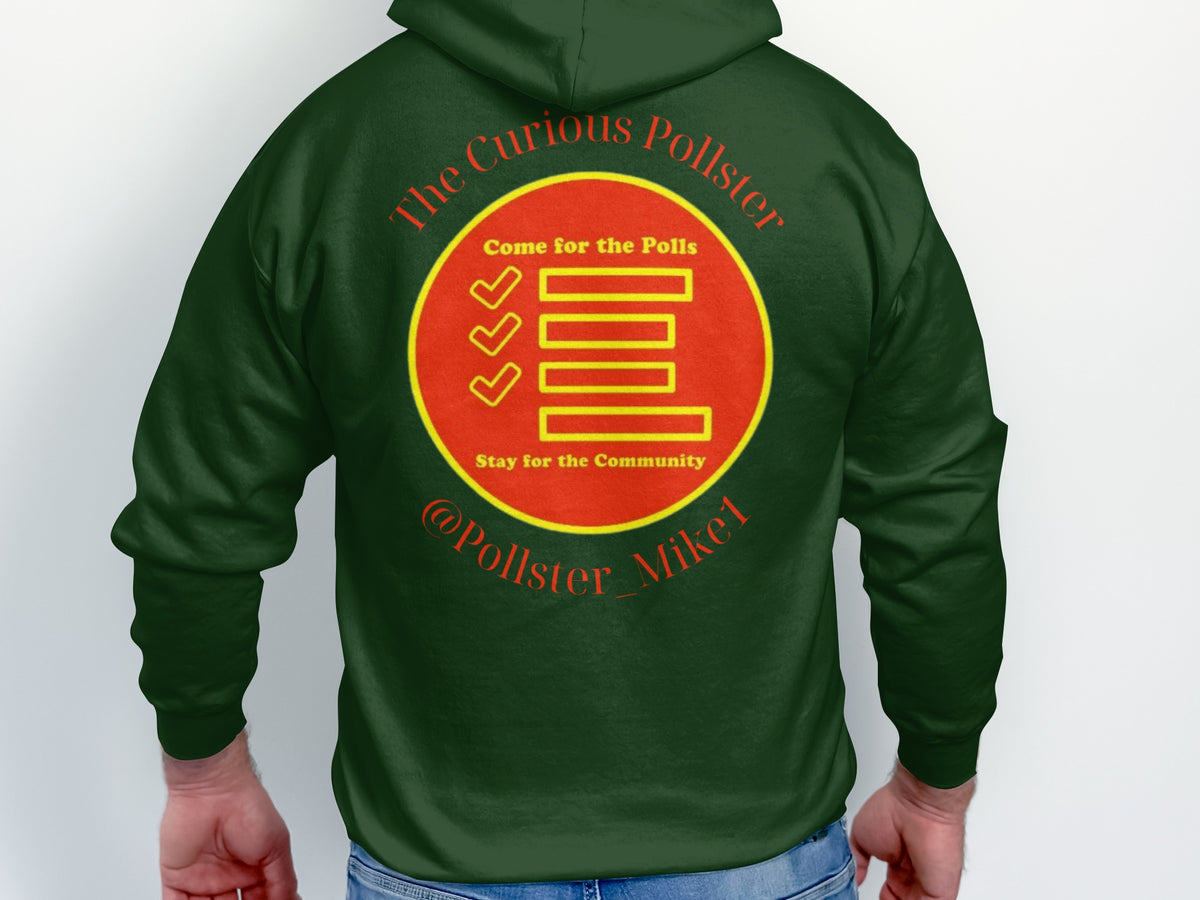 Green hoodie with "The Curious Pollster" logo featuring checkboxes and "Stay for the Community."