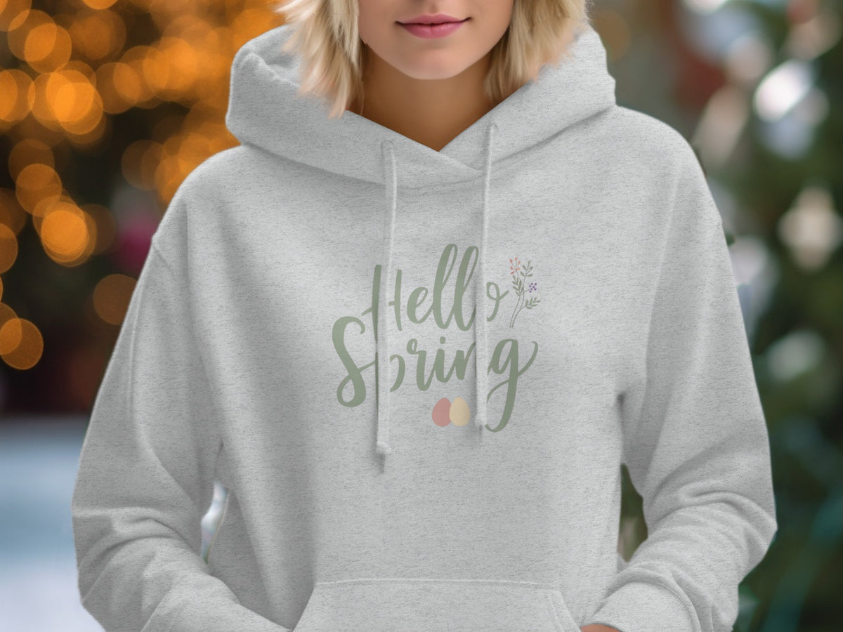 Hello Spring Hoodie with Floral and Egg Design