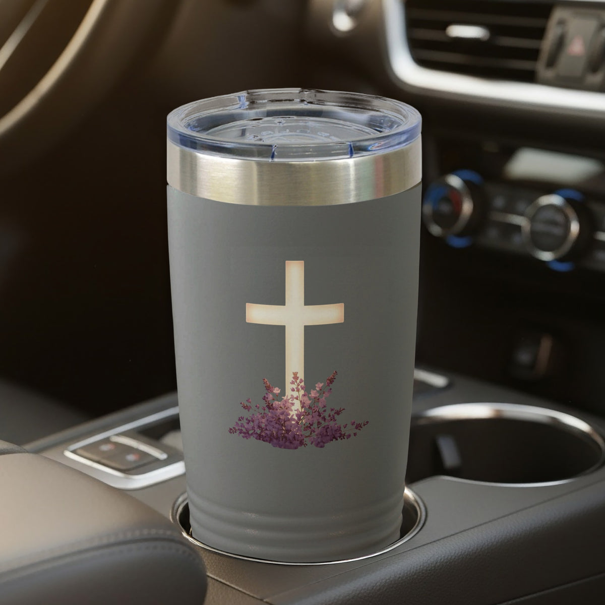 Glowing Cross Purple Flowers Gray Tumbler product type