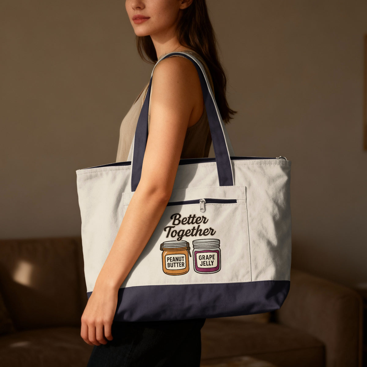 Better Together phrase on a Zippered Canvas Tote