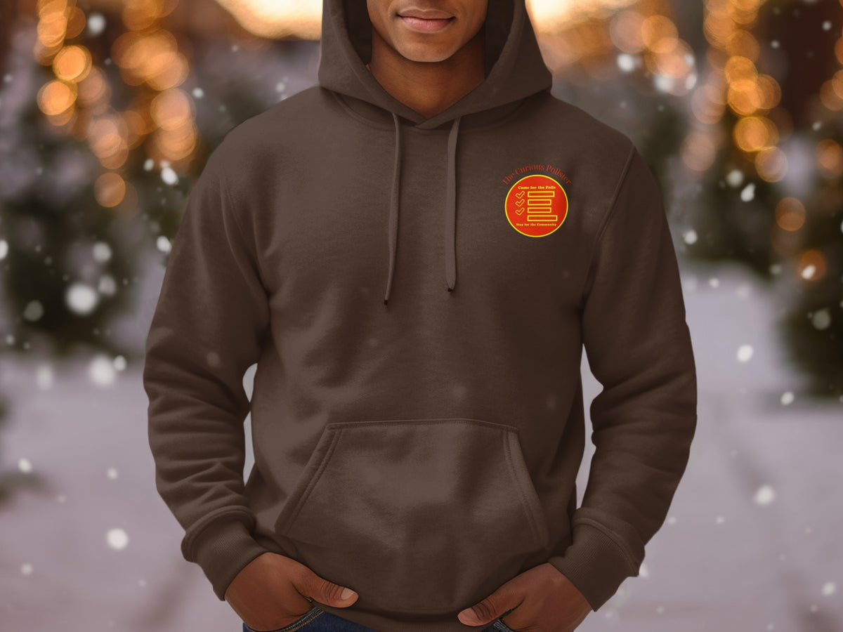 Brown hoodie with a circular red and yellow logo on the chest.