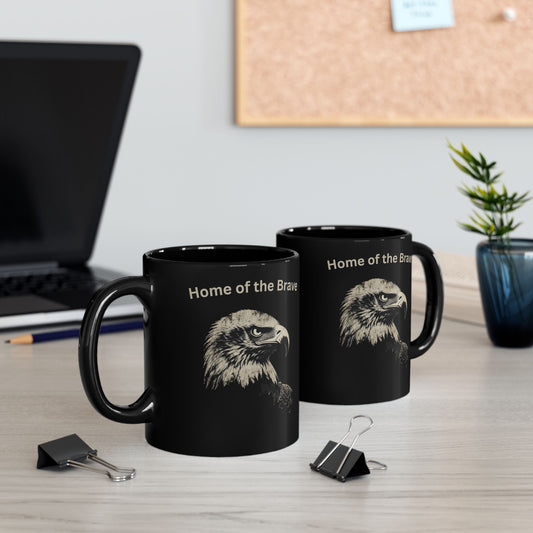 Two black mugs with "Home of the Brave" and eagle graphics.