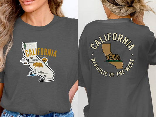 California graphic t-shirt with front map and back bear and state seal.