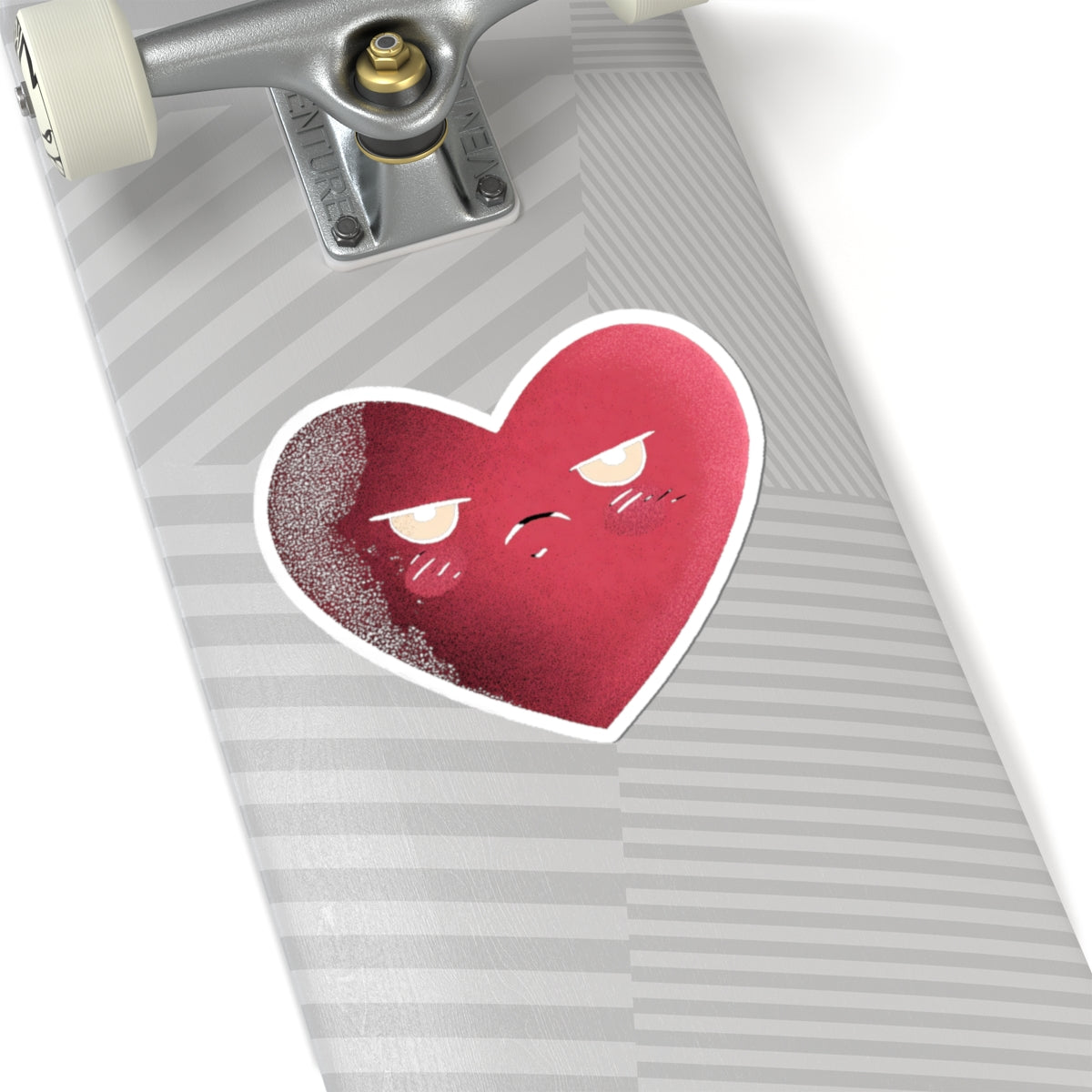 Grumpy Heart Sticker On Striped Skateboard Deck