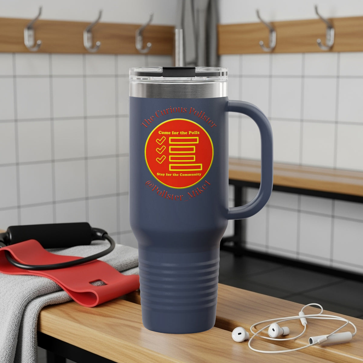 Navy tumbler with "The Curious Polister" logo featuring checkmarks and "@Pollster Mikel" text.