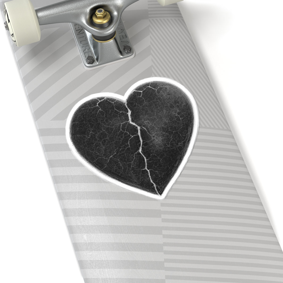 Black Cracked Heart on Gray Stripe Skateboard Deck
