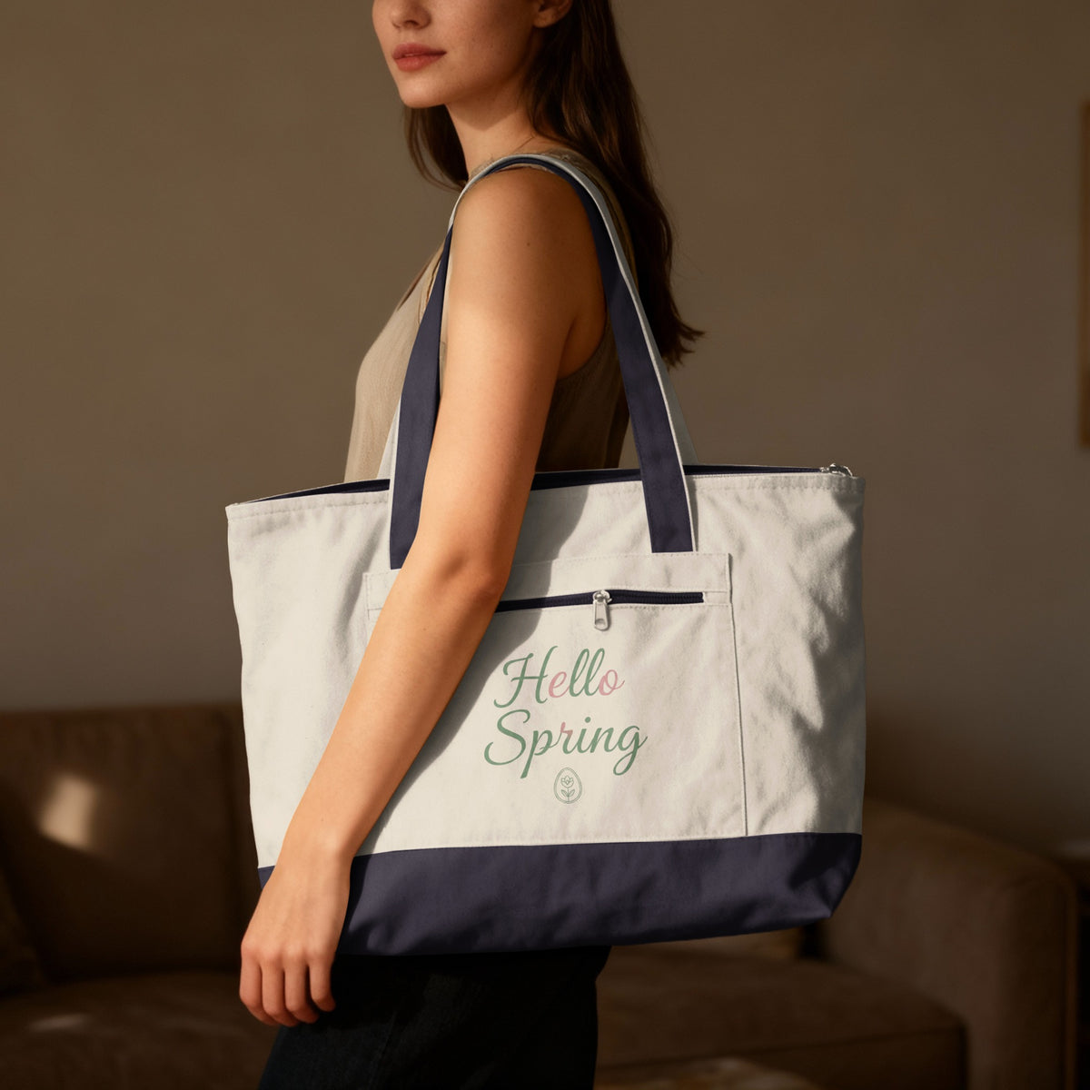 Hello Spring Cream Navy Zipper Pocket Tote Bag product type