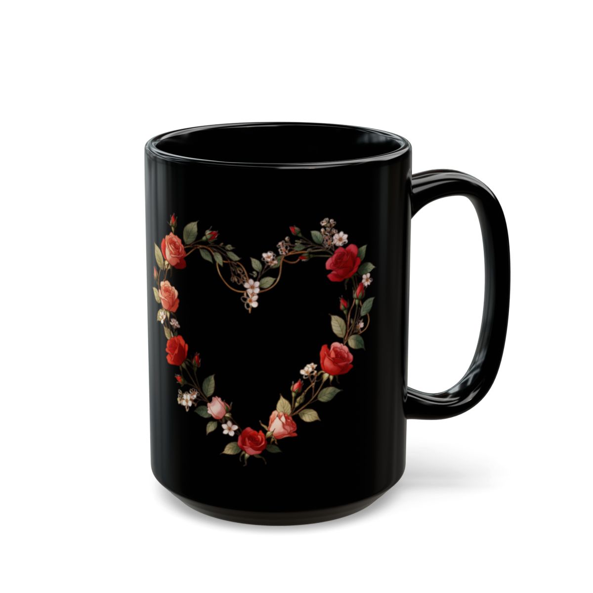 Heart Wreath Floral Design on Black Coffee Mug