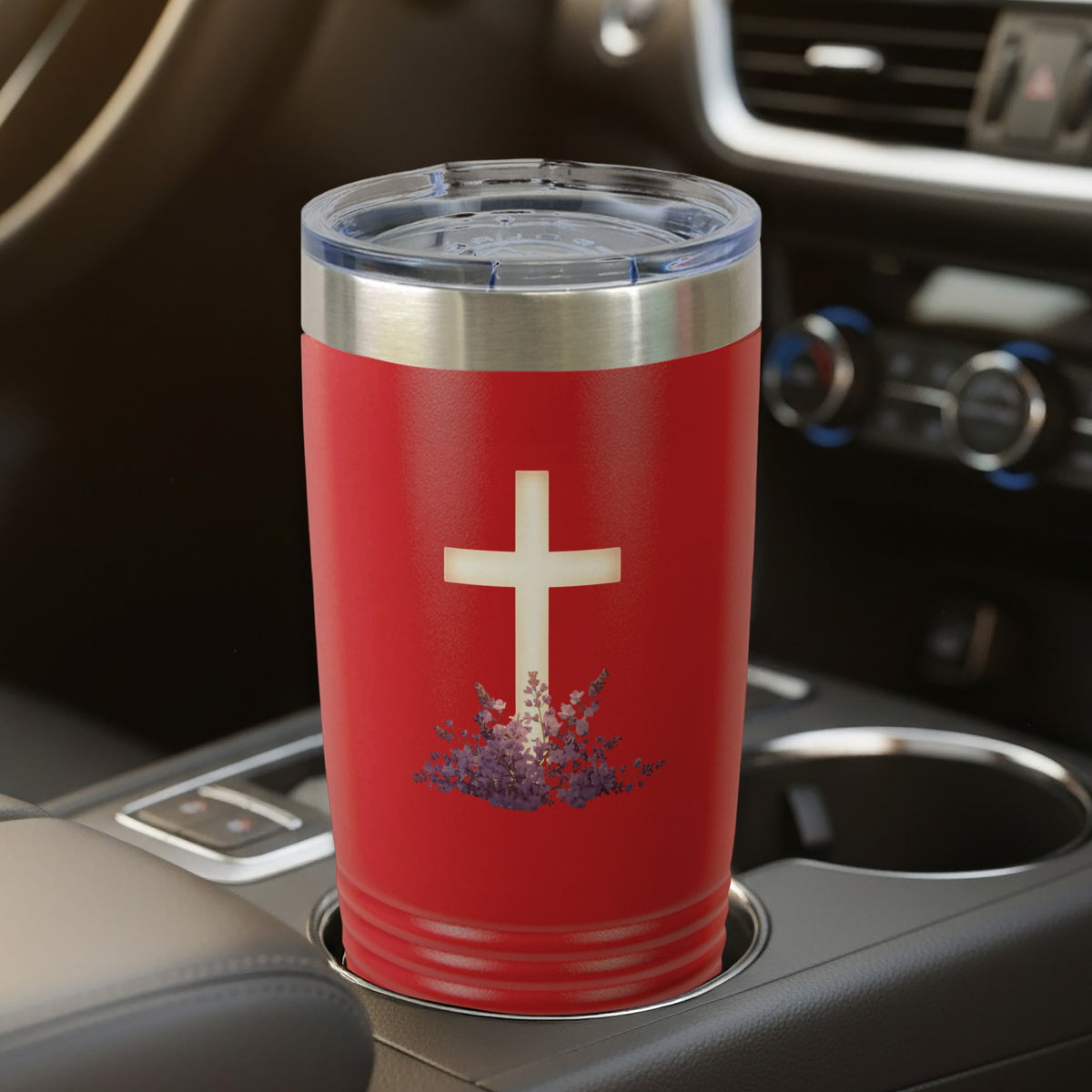 Vibrant Red Tumbler White Cross Purple Flowers product type
