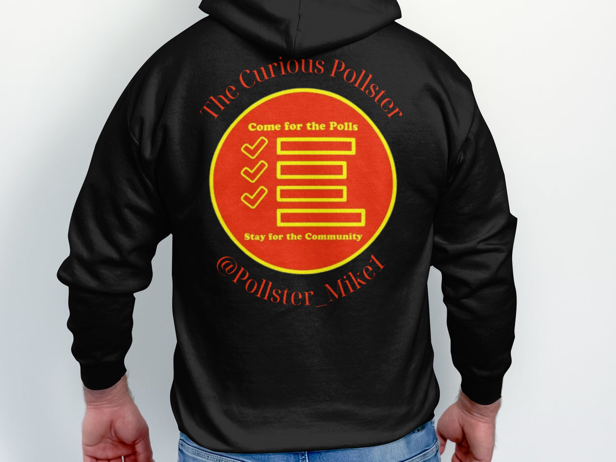 Black hoodie with circular graphic: "The Curious Pollster, Come for the Polls, Stay for the Community, @Pollster_Mikel"