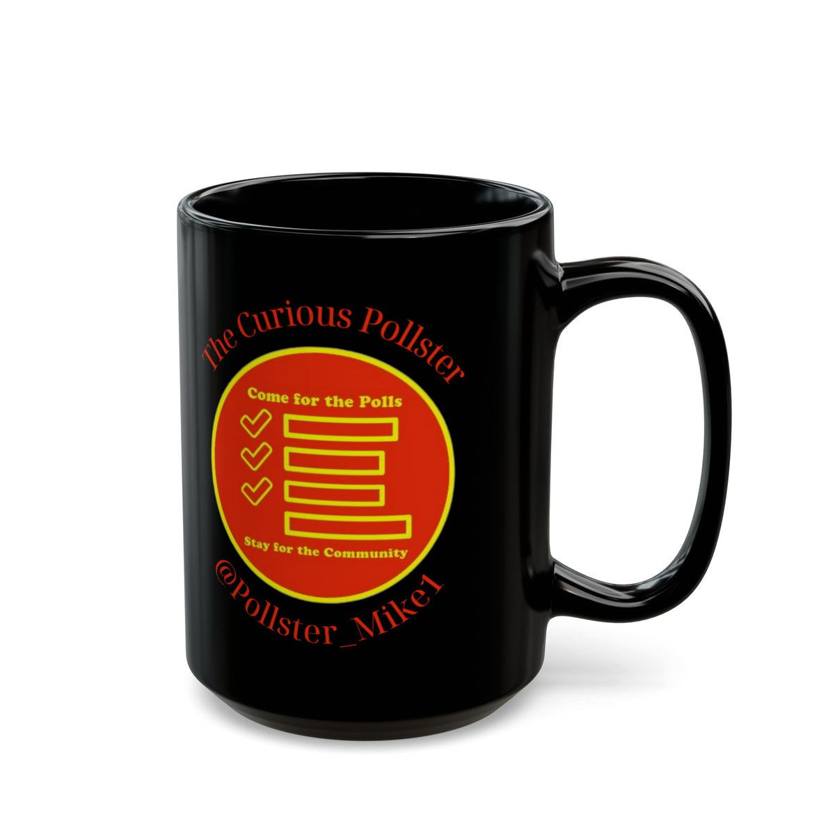Black mug with "The Curious Pollster" logo and "Stay for the Community" text.