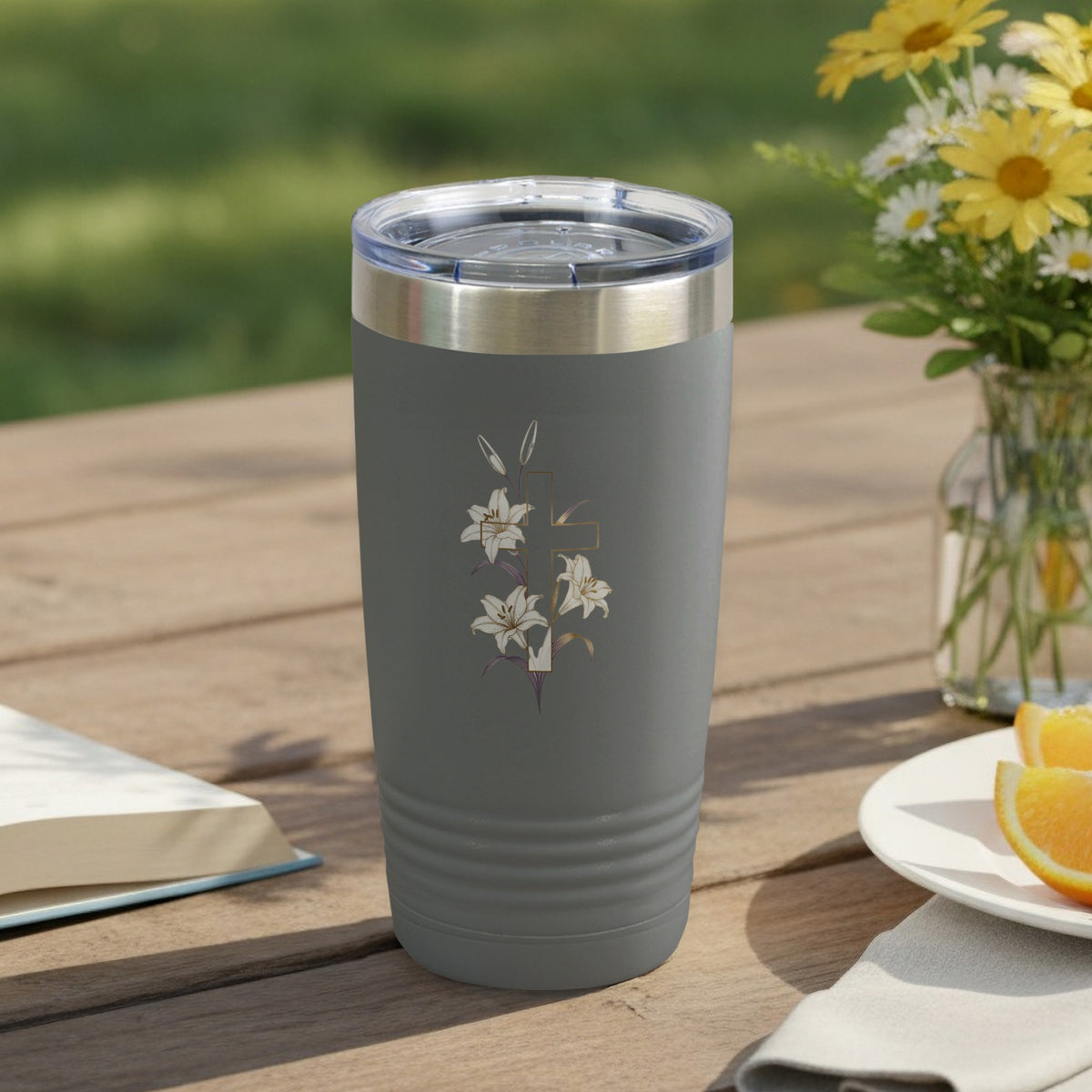 Elegant Gray Tumbler Lilies Cross Easter Christ tumbler product type