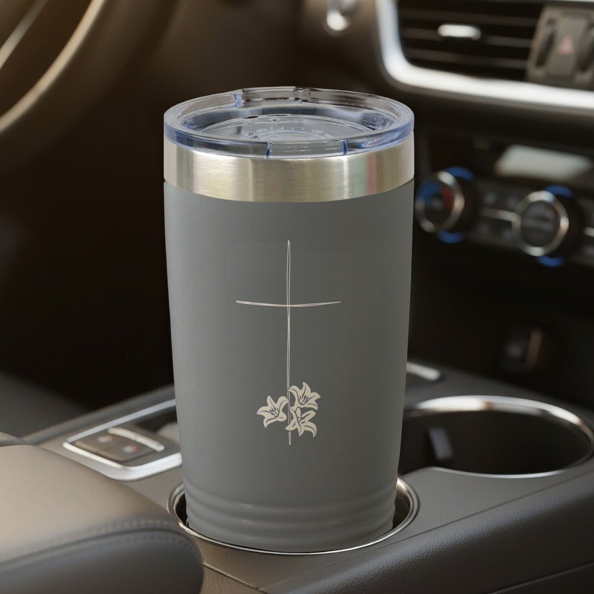 Gray tumbler cross lilies insulated beverage product type
