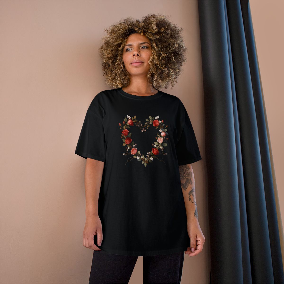 Rose and Heart Wreath design on a Champion Tee