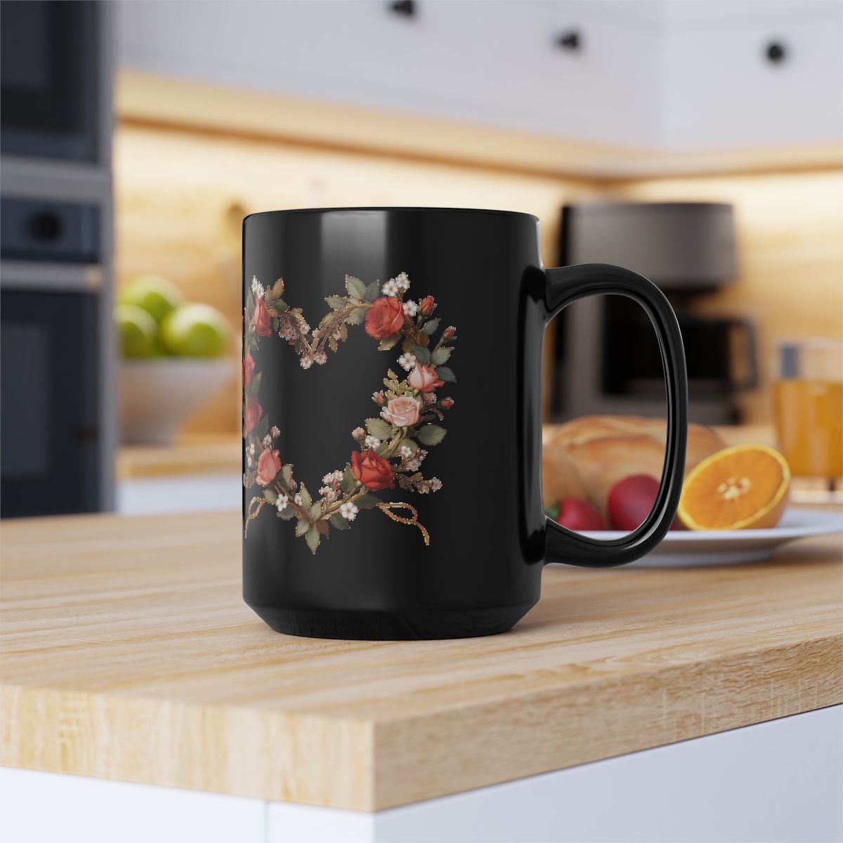 Black Mug with Heart-Shaped Floral Design product