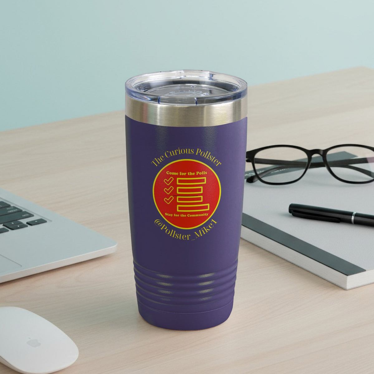 Purple tumbler with "The Curious Pollster" logo and text.
