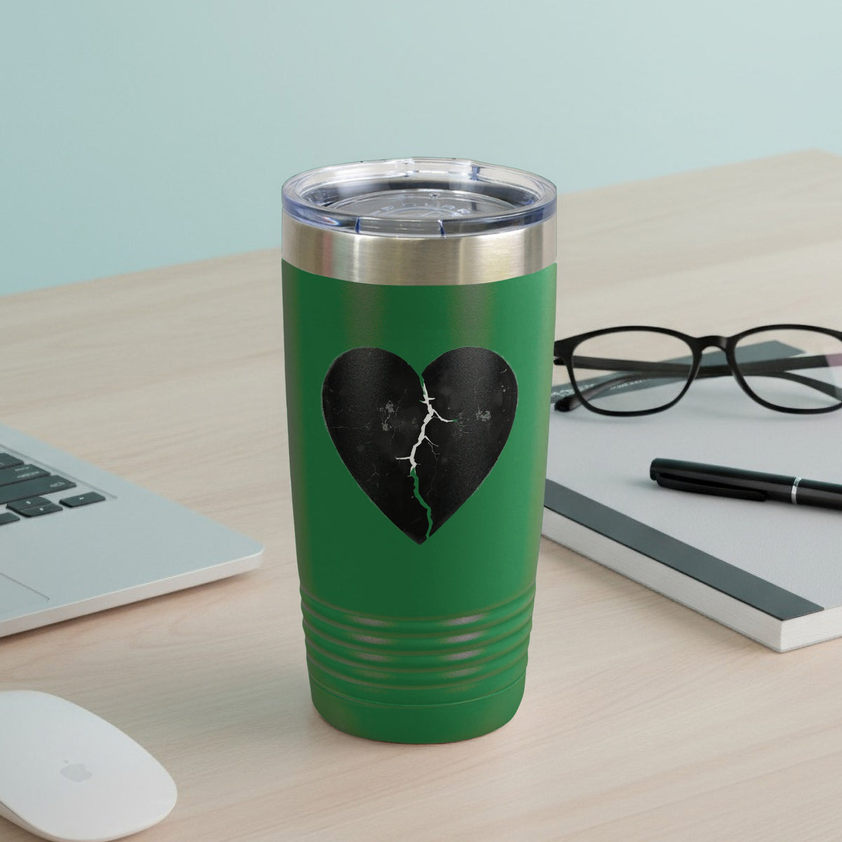 Green Tumbler with Broken Black Heart Design Beverage Holder