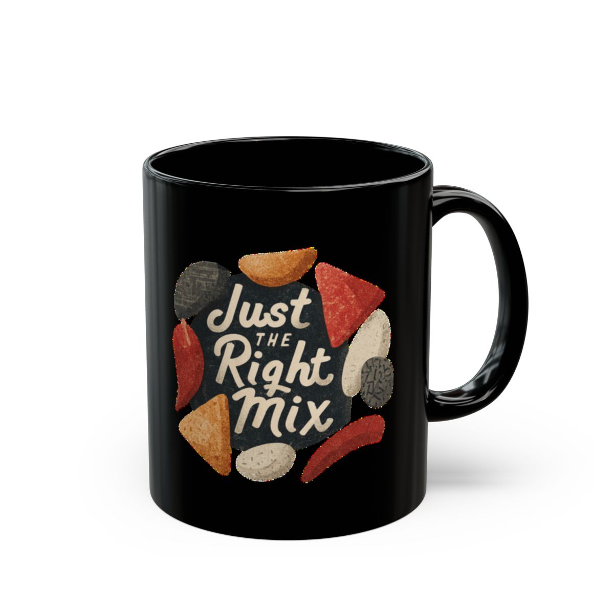 Chips and Salsa Dip with Just the Right Mix text phrase on an 11/15oz Black Mug